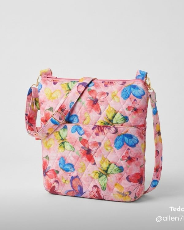 Triple Zipper Quilted Crossbody — Pink Butterflies