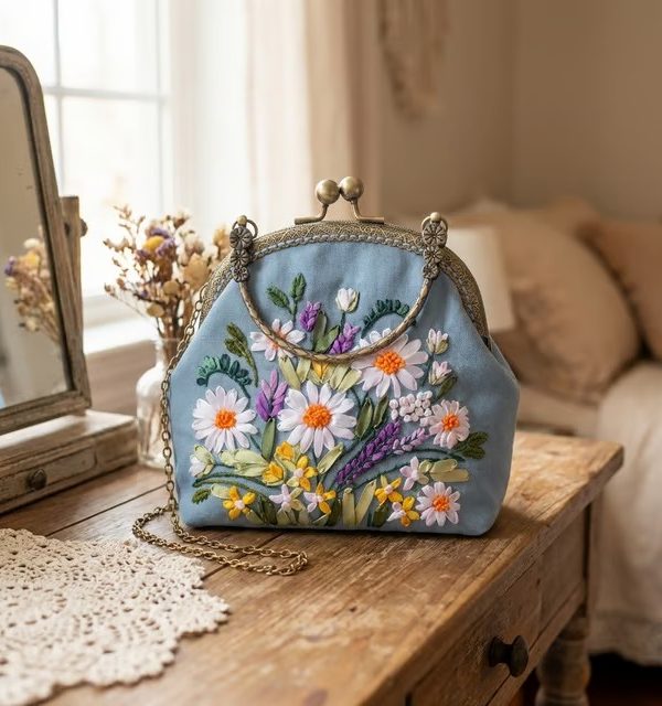 Hand-Embroidered Daisy Garden Purse