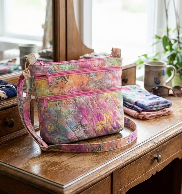 Triple Zipper Quilted Crossbody — Pink Batik